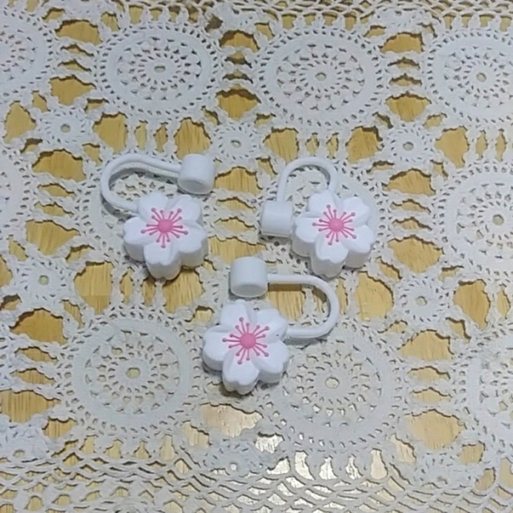Straw Toppers set, pink and white flowers
